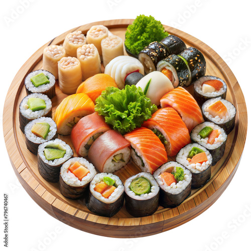 Delicious sushi platter on a round bamboo tray