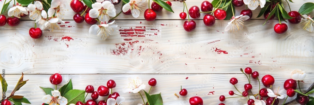 many red and healthy cherry fruits on background with old textured wooden boards many red and healthy cherry fruits on background with old textured wooden boards