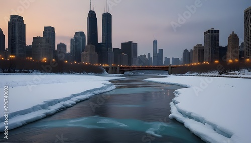 Elevated train crosses a freezing Chicago River as steam rises while temperatures plummet.generative.ai  photo