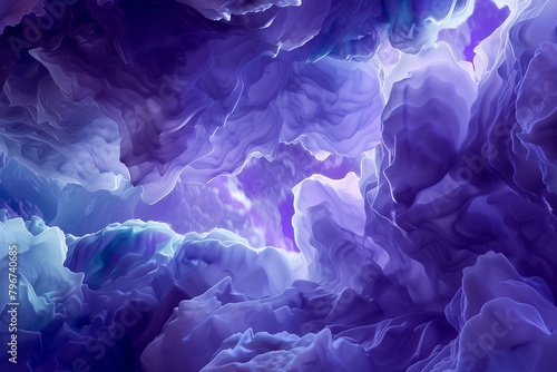 Indigo and amethyst clouds drift through surreal abstract shapes.