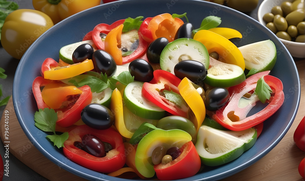 A salad of vegetables with greens, with chunks of cheese and olives, reminiscent of a Caesar, in a plate on the table A salad of vegetables with greens, with chunks of cheese and olives, reminiscent of a Caesar, in a plate on the table