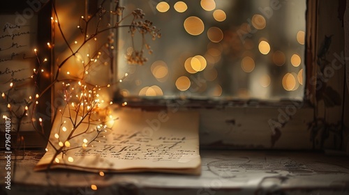 Dreamy defocused orbs of light reminiscent of delicate fairy lights adding a whimsical touch to an oldfashioned love letter or a cherished memory. . photo