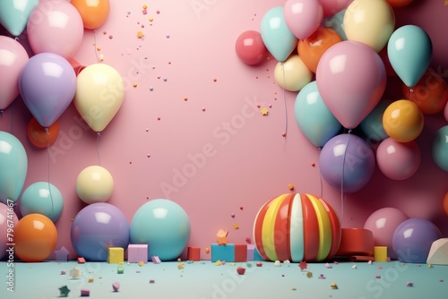 Colorful Birthday party background. Birthday Greeting card with copy space. Birthday Concept with Copy Space. Greeting card for birthday. space for text. 3d illustration.