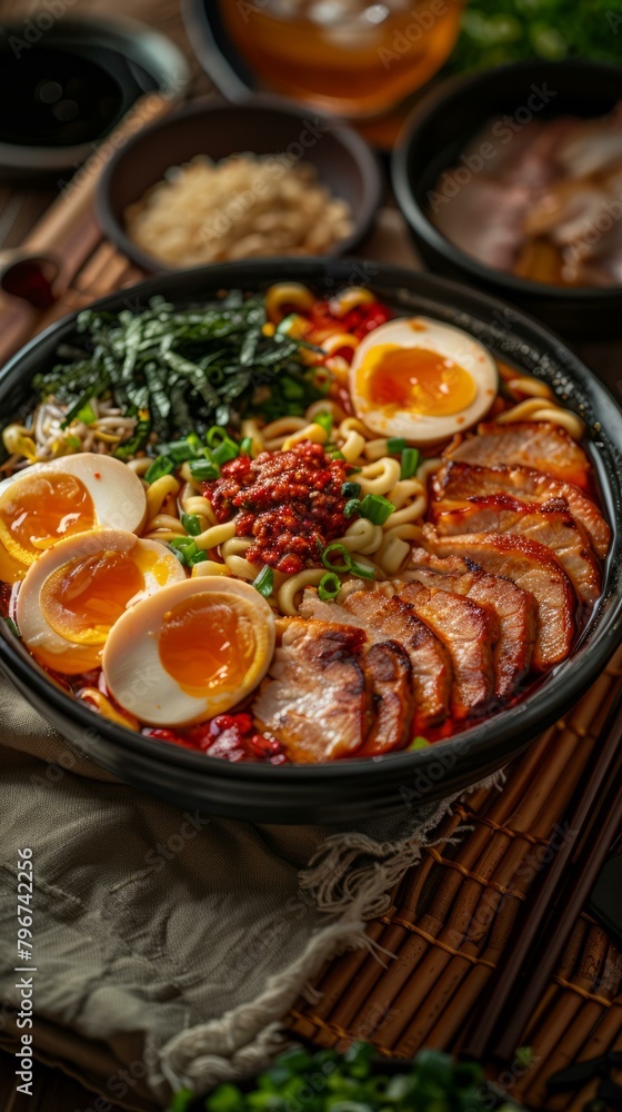 b'A delicious bowl of ramen with pork, eggs, and vegetables' b'A delicious bowl of ramen with pork, eggs, and vegetables'