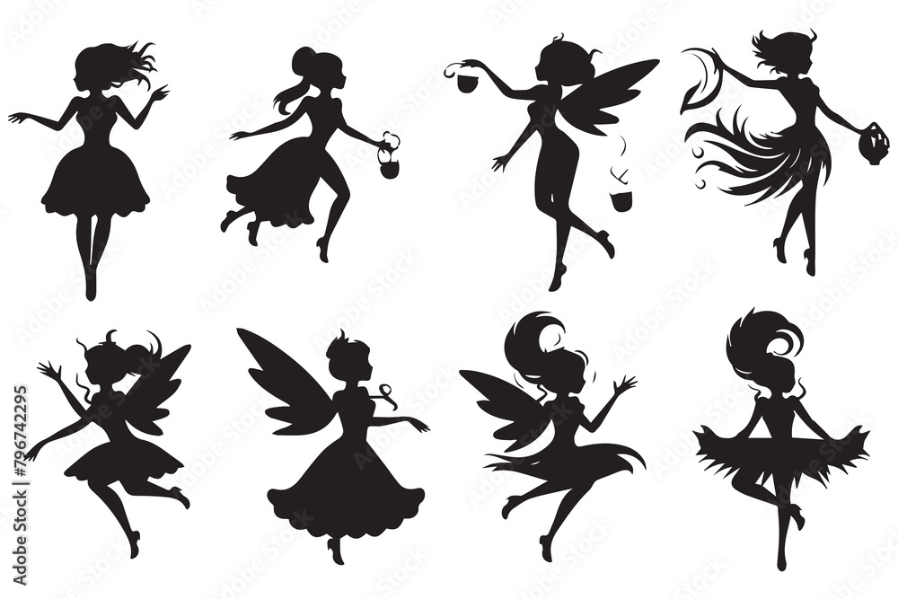 Set of silhouettes of fairies vector isolated on white background. Magical fairies in the cartoon style Set of silhouettes of fairies vector isolated on white background. Magical fairies in the cartoon style