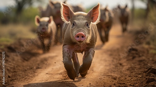 b'A cute piglet running on a dirt road'