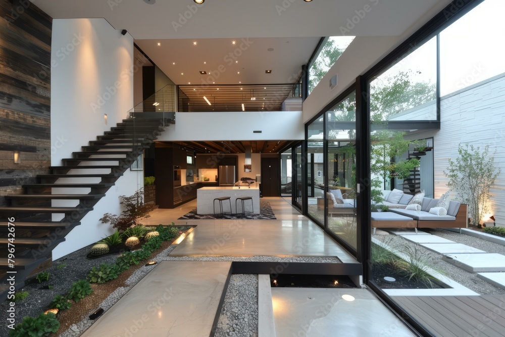b'Modern house interior with open floor plan and large windows'