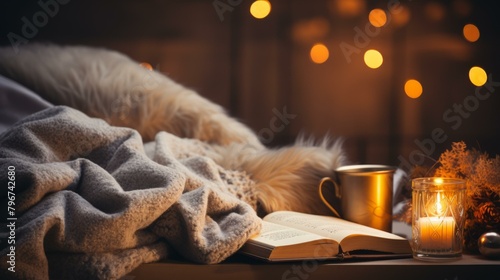 b'A cozy blanket, a cup of tea, and a good book'