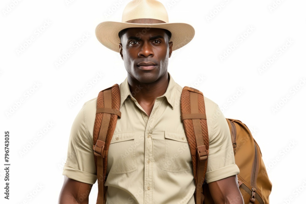 b'Black man wearing a safari hat and a backpack' b'Black man wearing a safari hat and a backpack'