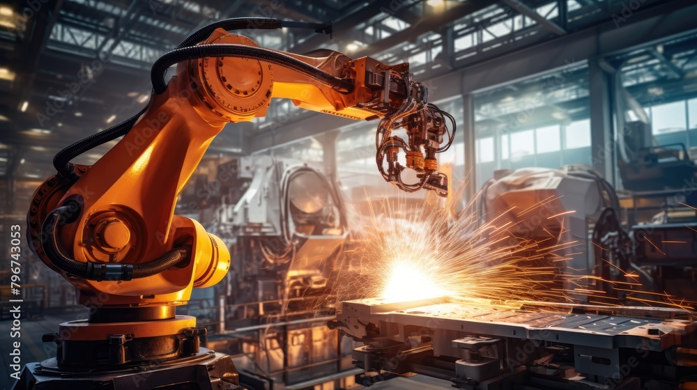 An industrial robot arm seamlessly interacts with 3D machinery in a welllit factory, representing the synergy of automation and Industry 40 concepts,