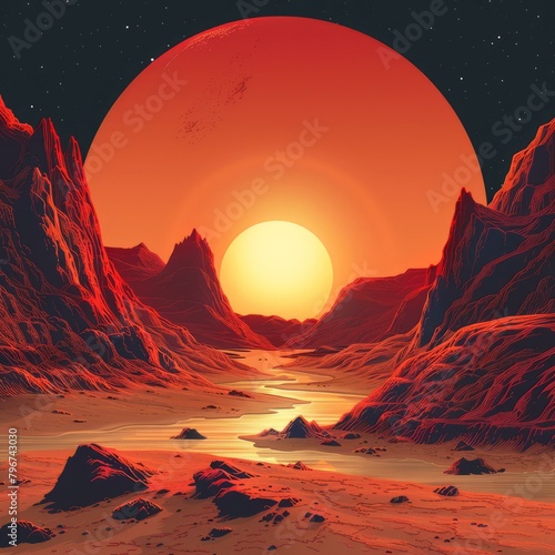 b An illustration of a red planet with a large moon and a river running through it 