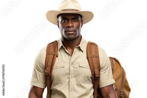 b'Black man wearing a safari hat and a backpack' photo
