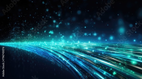 Artistic interpretation of a leaking submarine fiber optic cable, where light leaks mimic data flow, beautifully rendered in shades of blue and teal,
