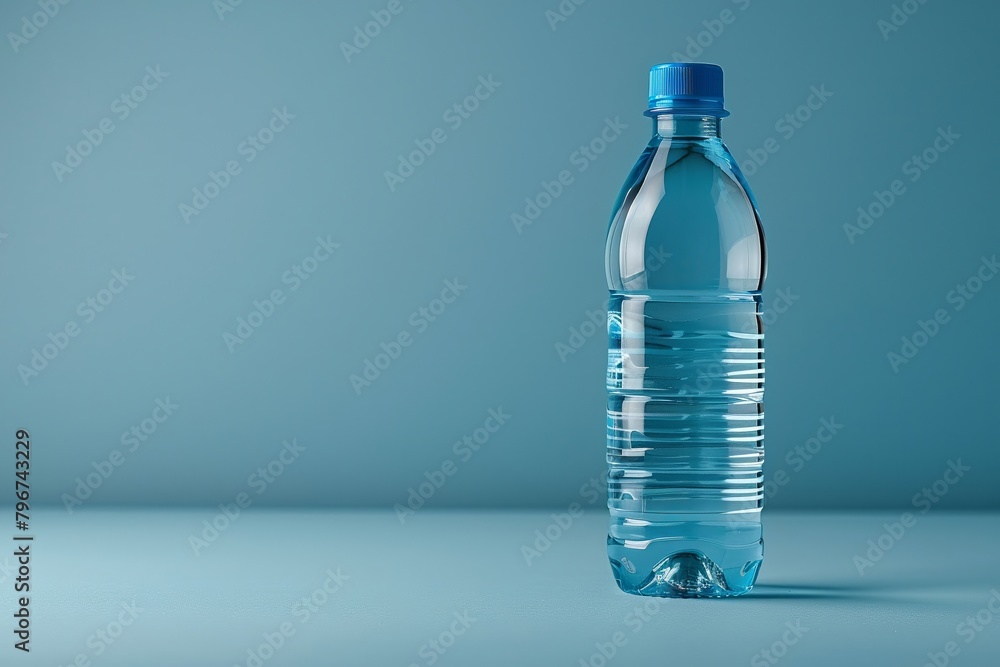Minimal display of a clear bottle with vibrant blue water isolated object with space for adding text Minimal display of a clear bottle with vibrant blue water isolated object with space for adding text