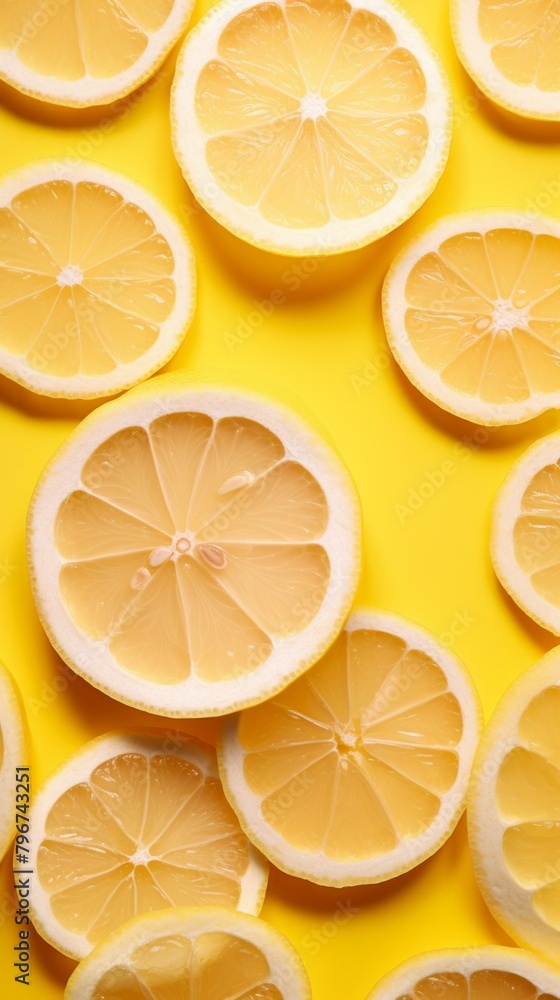 b'sliced lemons on yellow background'