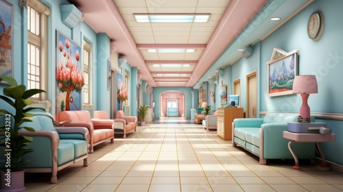 b'A colorful and surreal hospital hallway with pink and blue walls and furniture' © duyina1990
