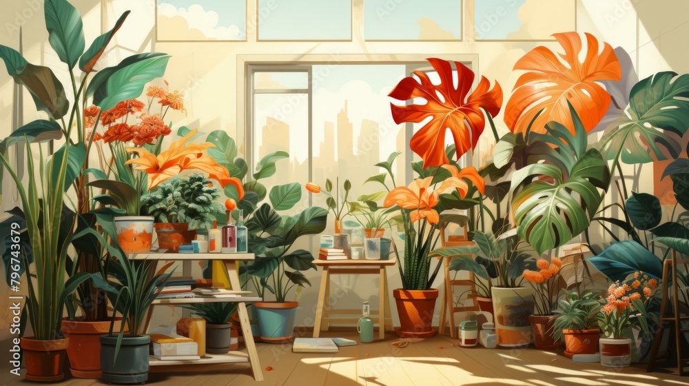 b'An illustration of a greenhouse with many plants and flowers' b'An illustration of a greenhouse with many plants and flowers'