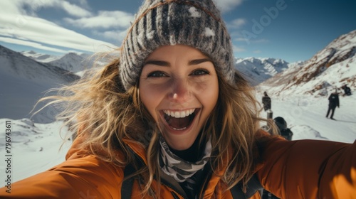 b'Happy woman in winter clothes on a snowy mountain'