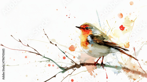 Red robin on a branch on white © Mahira