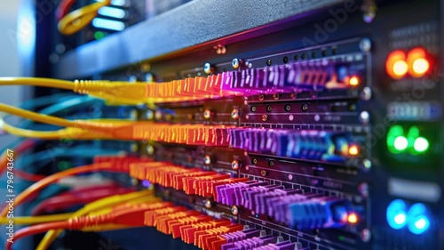 rack-mounted optical wavelength division multiplexer (WDM) in a data center, with colorful fiber optic cables connected photo