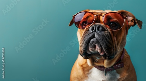 laid-back vibes of a bulldog wearing sunglasses against a cool teal background, embodying effortless coolness and style.