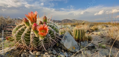 Desert cactus flowering at golden hour, sharp spines in focus.