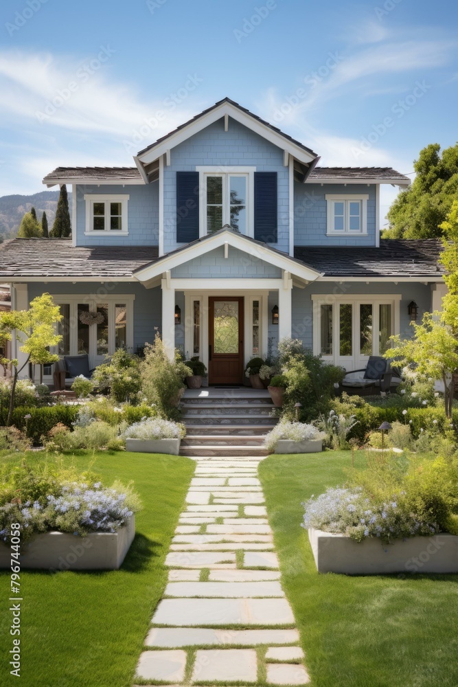 b'Blue Craftsman Style House with Stone Walkway'