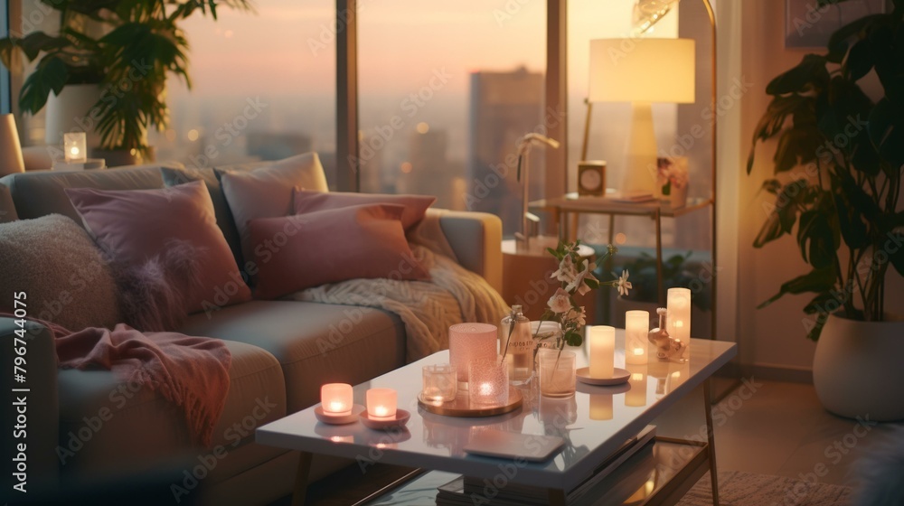 b'A cozy living room with a view of the city at sunset'