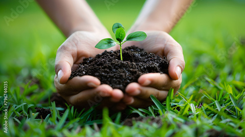 Hands nurturing a small green plant in soil, symbolizing growth and care photo