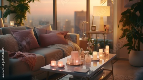 b'A cozy living room with a view of the city at sunset'