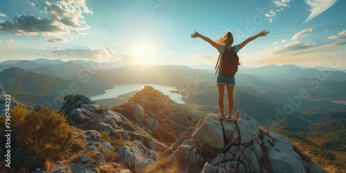 b'Young woman standing on top of a mountain with her arms outstretched enjoying the view'