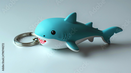 turquoise shark-shaped keychain with white teeth on a grey background. photo