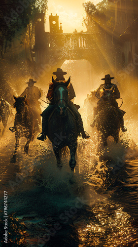 Cowboys ride horses through water, bathed in golden sunlight photo