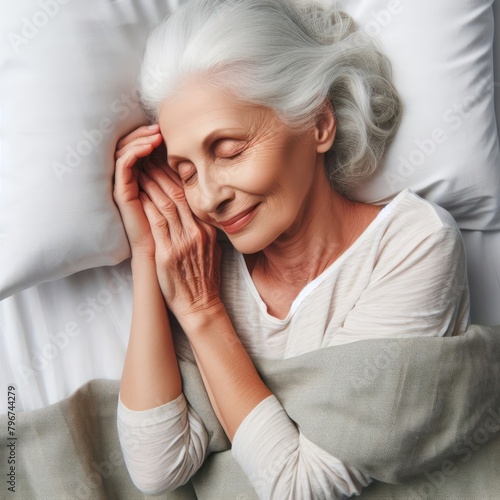 old woman sleeping on a white bed isolated on white background