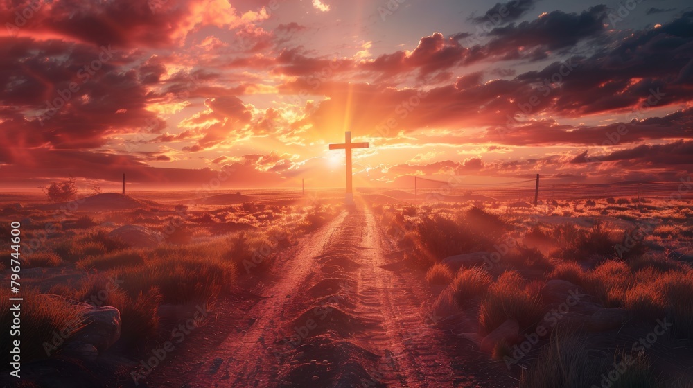 Naklejka premium Red sky at sunset. Beautiful landscape with road leads up to cross. Religion concept.Christianity background Concept of hope, faith, christianity, religion, church kingdom of god