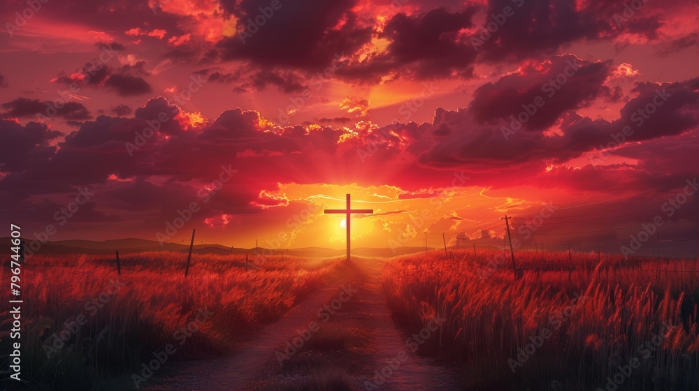 Naklejka premium Red sky at sunset. Beautiful landscape with road leads up to cross. Religion concept.Christianity background Concept of hope, faith, christianity, religion, church kingdom of god