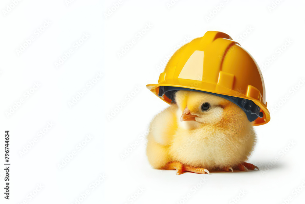 Naklejka premium yellow chicken in a builder's helmet on a white background