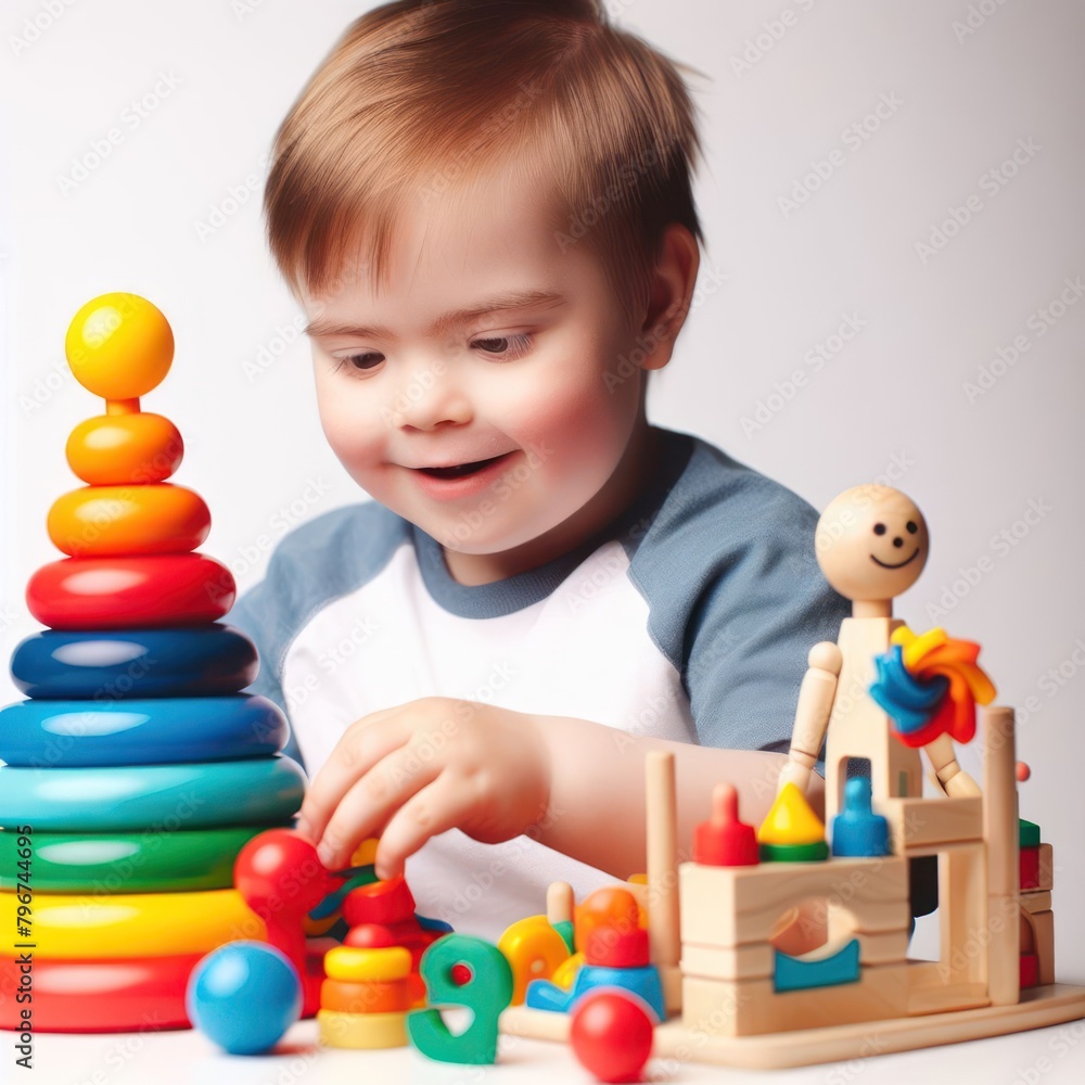 A special boy with down syndrome plays on a white background A special boy with down syndrome plays on a white background