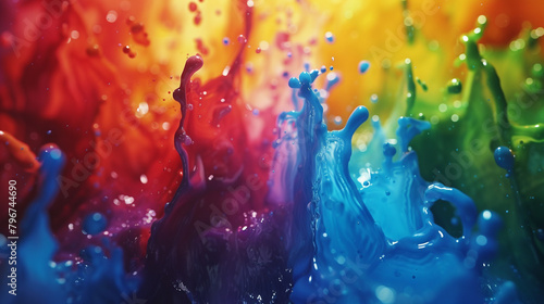 Cascading rainbow-colored paint splashes frozen in motion, creating a dynamic and vibrant composition.