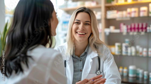 Two women engaged in a conversation at the pharmacy counter, discussing medication or health-related issues