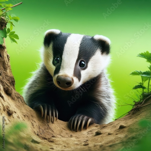 Surprised Badger cautiously peeks around a corner against a green background