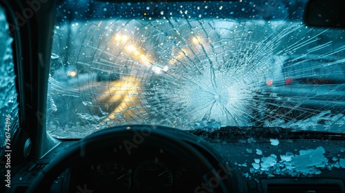 Shattered auto glass spreading from impact point on a windshield.