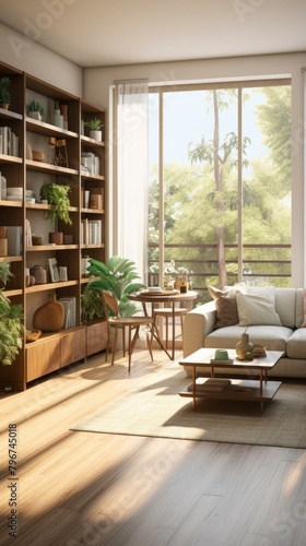 b'Airy and bright living room with large windows and a wall of bookshelves'