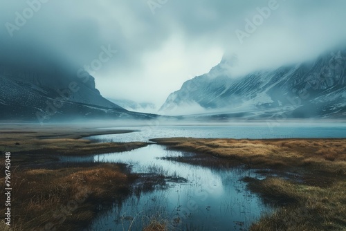 b'Foggy mountain lake landscape with snow capped peaks in the distance' photo