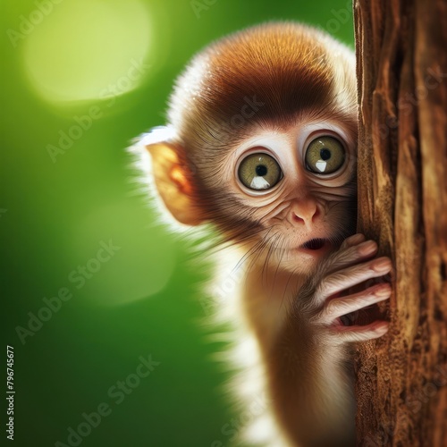 Surprised monkey cautiously peeks around a corner against a green background © Ольга Лукьяненко