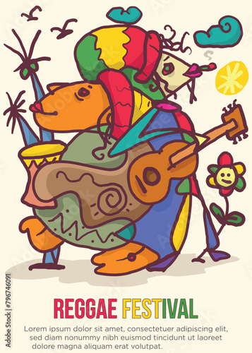 dreadlock percussion player and guitarist concept. abstract prehistoric images reggae festival template poster vector illustration.