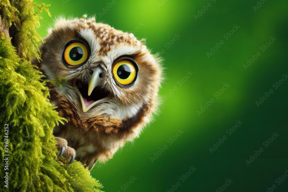 Surprised owl cautiously peeks around a corner against a green background Surprised owl cautiously peeks around a corner against a green background