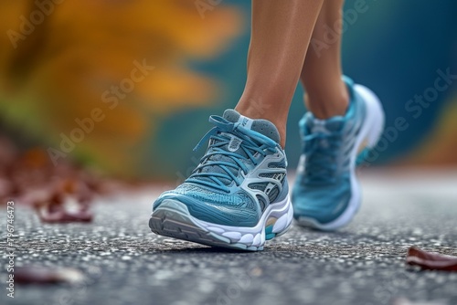 b"Close-up of woman's feet in blue running shoes walking on asphalt road"