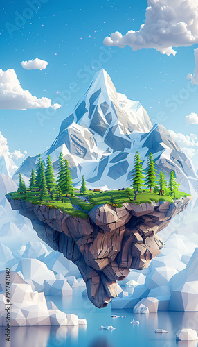 Polygonal mountain, green trees, floating icebergs, clear blue sky with fluffy clouds. photo