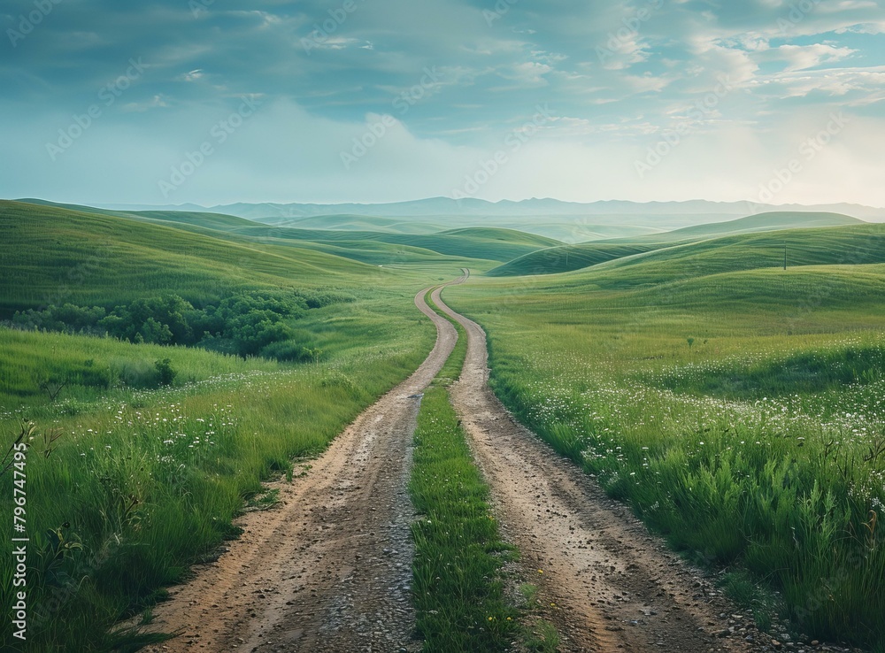 b'Dirt road through a lush green grassy hill landscape'